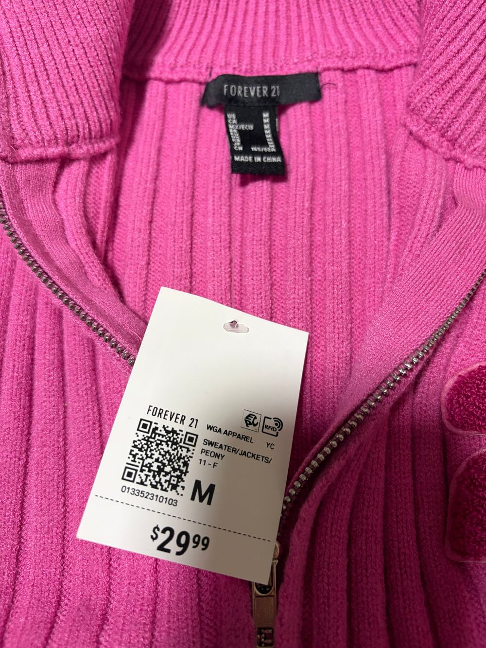 Forever 21 Pink Ribbed Varsity 23 Zip Up Sweater Size M NWT Y2K